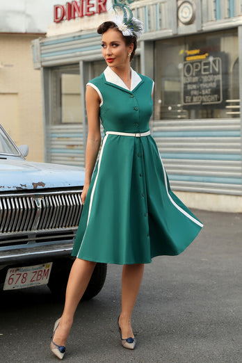 grønn lapel hals 1950-tallet swing kjole med belte