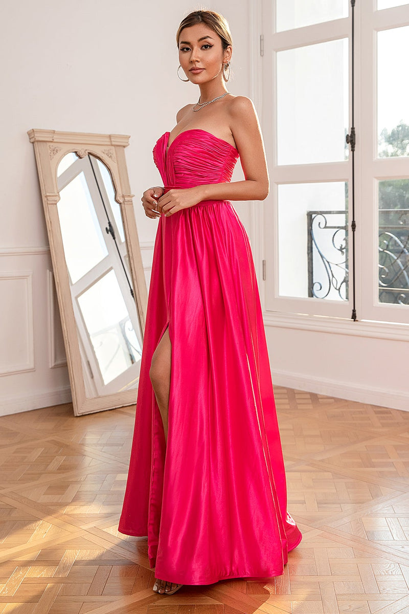 Load image into Gallery viewer, Fuchsia Strapless Prom Kjole med Slit