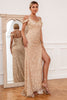 Load image into Gallery viewer, kappe av skulderen champagne paljetter fest kjole med splittet front