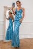 Load image into Gallery viewer, havfrue spaghetti stropper blå paljetter lang ballkjole