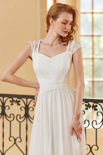 elegant en linje kjæreste hvit lang blonder kjole