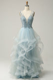 En Line Deep V Neck Light Blue Long Prom kjole med Appliques