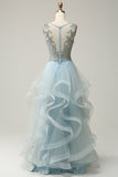 En Line Deep V Neck Light Blue Long Prom kjole med Appliques