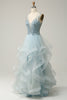 Load image into Gallery viewer, En Line Deep V Neck Light Blue Long Prom kjole med Appliques