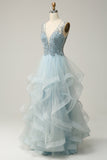 En Line Deep V Neck Light Blue Long Prom kjole med Appliques