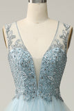 En Line Deep V Neck Light Blue Long Prom kjole med Appliques