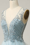 En Line Deep V Neck Light Blue Long Prom kjole med Appliques