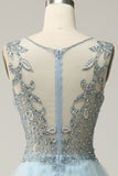 En Line Deep V Neck Light Blue Long Prom kjole med Appliques