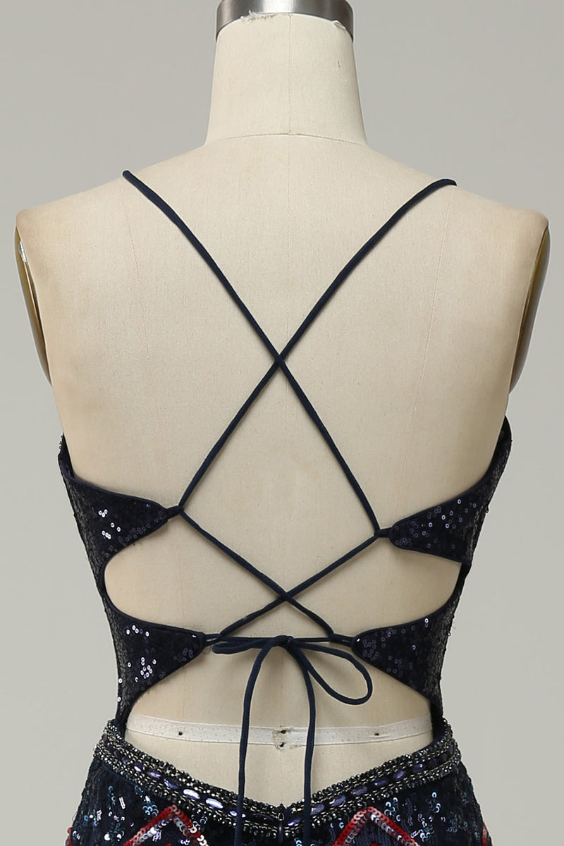 Load image into Gallery viewer, Havfrue Spaghetti stropper Navy Long Prom kjole med Criss Cross Back
