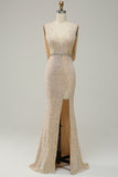 Sheath Deep V Neck Champagne Paljetter Long Prom Kjole med Split Front