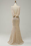 Sheath Deep V Neck Champagne Paljetter Long Prom Kjole med Split Front