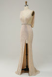 Sheath Deep V Neck Champagne Paljetter Long Prom Kjole med Split Front