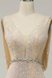 Sheath Deep V Neck Champagne Paljetter Long Prom Kjole med Split Front