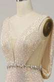 Sheath Deep V Neck Champagne Paljetter Long Prom Kjole med Split Front