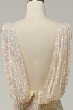 Sheath Deep V Neck Champagne Paljetter Long Prom Kjole med Split Front