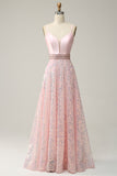 A Line Spaghetti Straps Pink Long Prom Dress med Beading