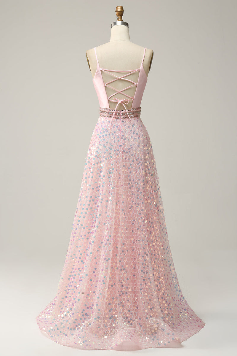 Load image into Gallery viewer, A Line Spaghetti Straps Pink Long Prom Dress med Beading
