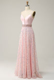 A Line Spaghetti Straps Pink Long Prom Dress med Beading