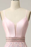 A Line Spaghetti Straps Pink Long Prom Dress med Beading