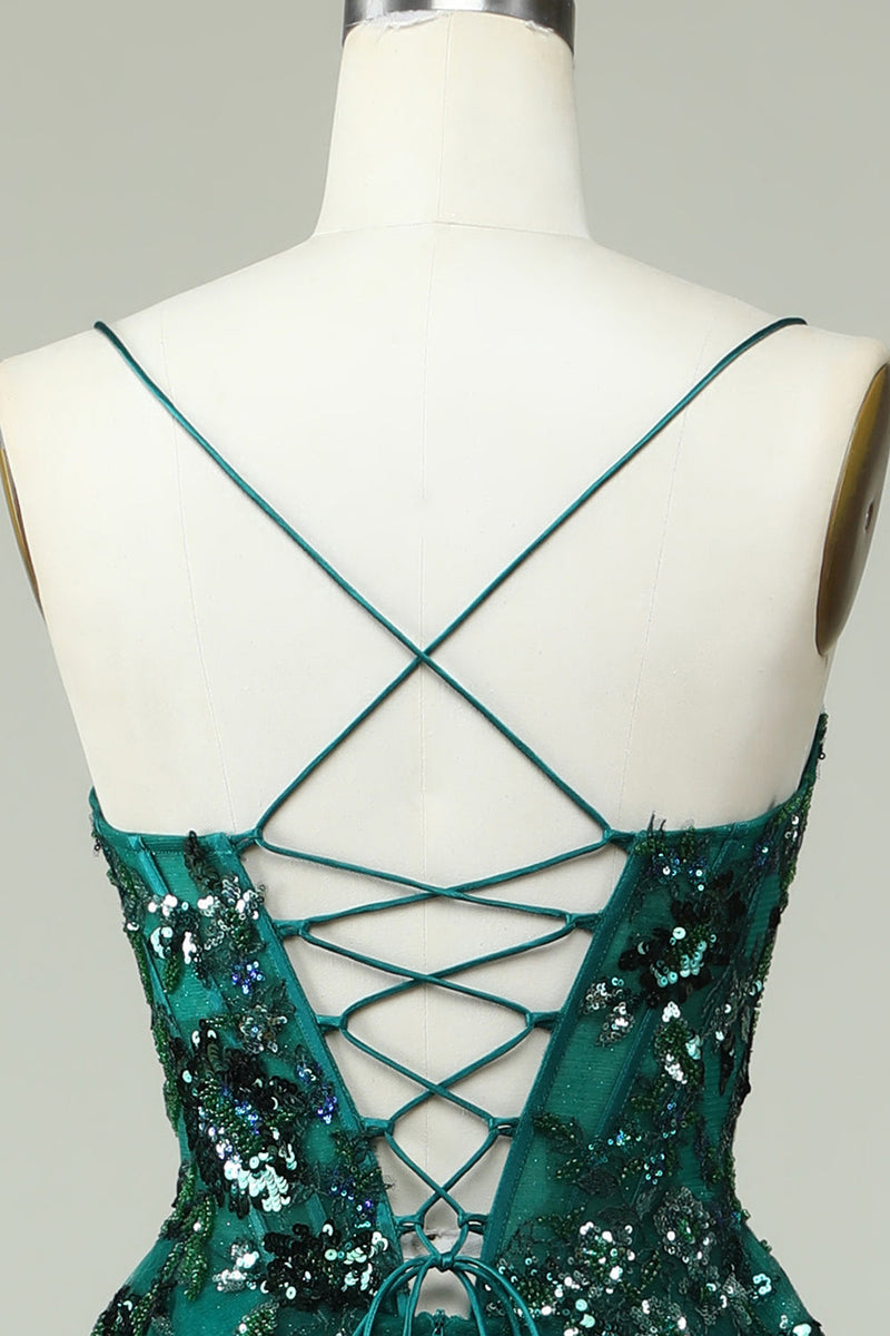 Load image into Gallery viewer, A Line Spaghetti stropper mørkegrønn korsett Prom kjole med Appliques