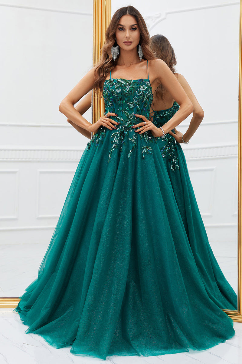 Load image into Gallery viewer, Sparkly Dark Green Tylle Long Prom Dress med Appliques