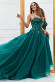 Sparkly Dark Green Tylle Long Prom Dress med Appliques