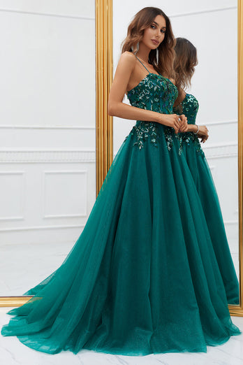 Sparkly Dark Green Tylle Long Prom Dress med Appliques