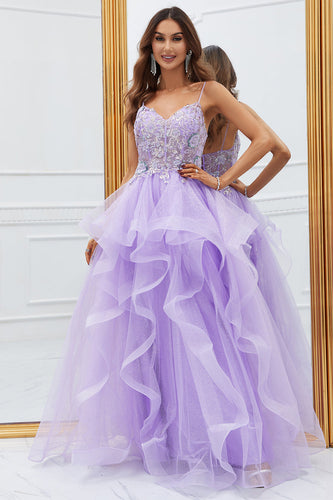 Glitter Purple Ruffled Corset Long Prom Dress med blonder