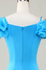 Load image into Gallery viewer, Bodycon av skulderblå kort hjemkomstkjole med volanger
