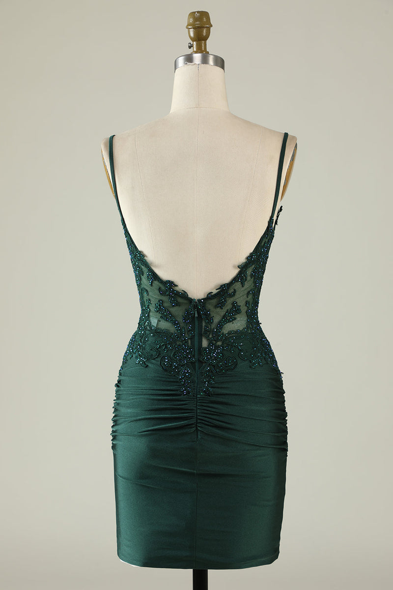 Load image into Gallery viewer, Sheath Spaghetti stropper Mørkegrønn Homecoming kjole med perler