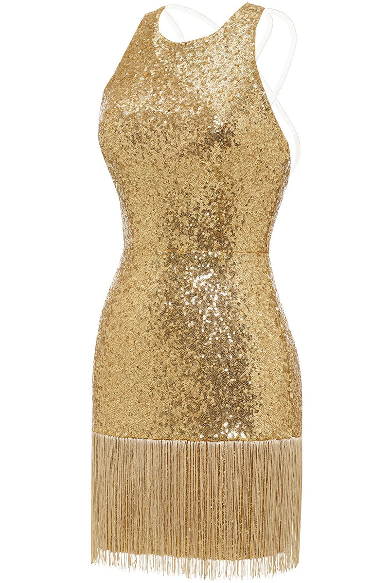 Load image into Gallery viewer, Bodycon Golden Paljetter Cocktail Kjole Åpen Rygg