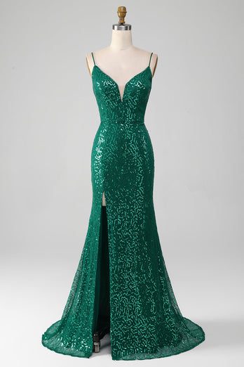 Sparkly Dark Green Beaded Sequins Long Prom Dress med Slit