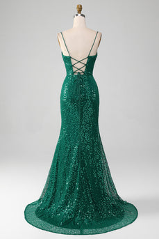 Sparkly Dark Green Beaded Sequins Long Prom Dress med Slit