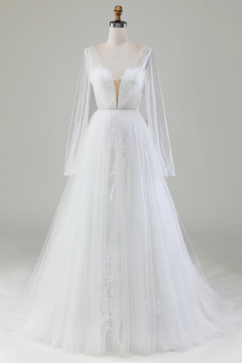 Ivory A-Line V-Neck plissert tyll brudekjole med lange ermer