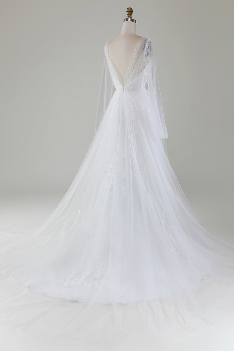 Load image into Gallery viewer, Ivory A-Line V-Neck plissert tyll brudekjole med lange ermer