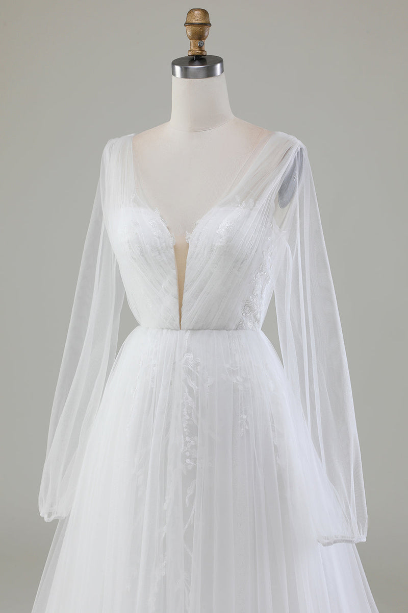 Load image into Gallery viewer, Ivory A-Line V-Neck plissert tyll brudekjole med lange ermer