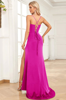 Fuchsia Mermaid Spaghetti stropper Satin Prom kjole med Split Front