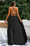 A-Line Spaghetti stropper Backless Long Satin Prom kjole med Slit