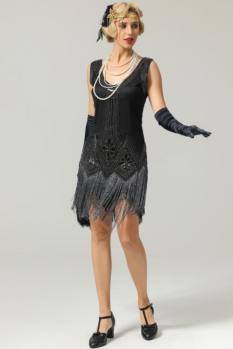 Load image into Gallery viewer, svart 1920-tallet paljett flapper kjole