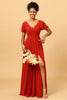 Load image into Gallery viewer, En linje V nakke rust lang brudepike kjole med korte ermer