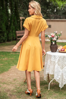 elegant gul v hals vintage kjole