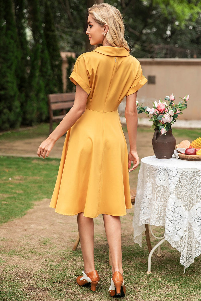 Load image into Gallery viewer, elegant gul v hals vintage kjole