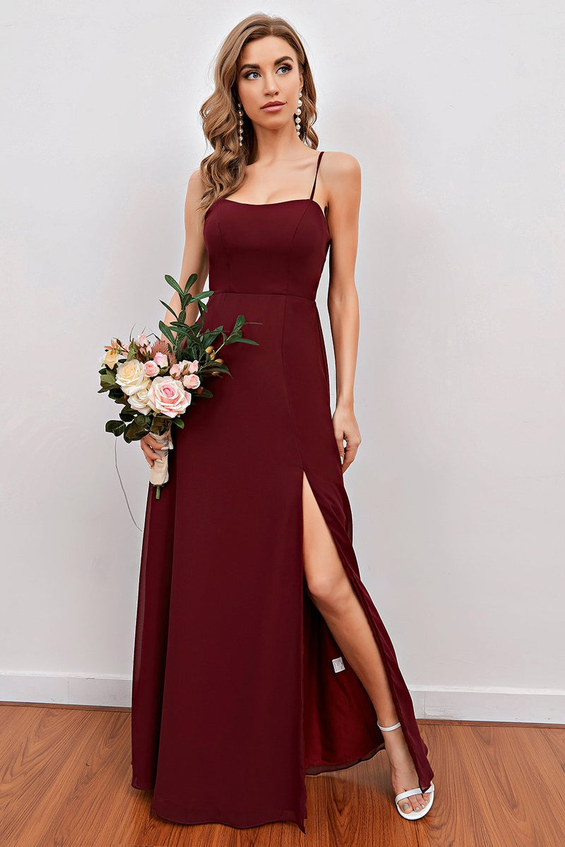 Load image into Gallery viewer, burgunder spaghettistropper lang brudepike kjole med splitt