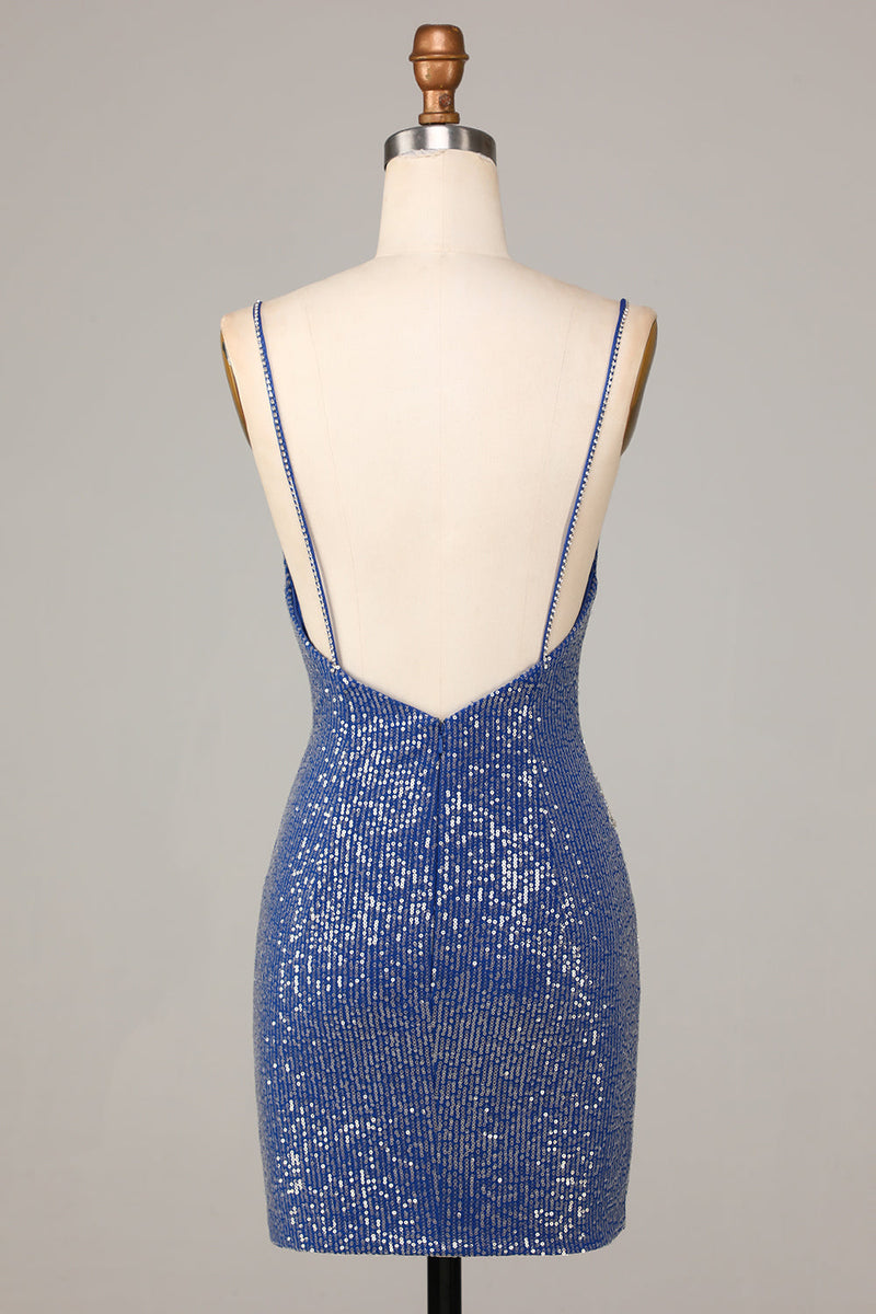 Load image into Gallery viewer, Sparkle &#39;til Dawn Sheath Spaghetti stropper Dark Blue Short Homecoming kjole med broderi
