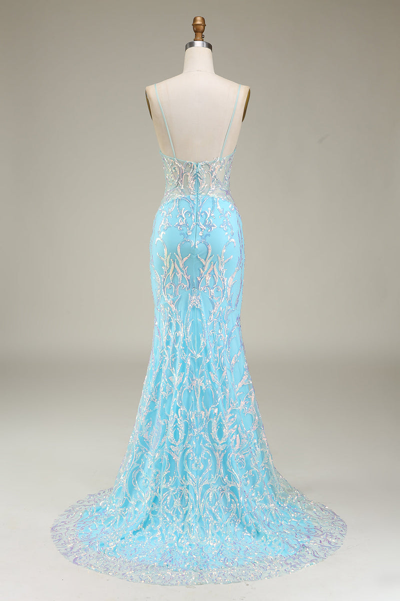 Load image into Gallery viewer, Blå Spaghetti stropper Sparkly Mermaid Prom Dress
