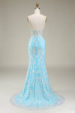 Blå Spaghetti stropper Sparkly Mermaid Prom Dress