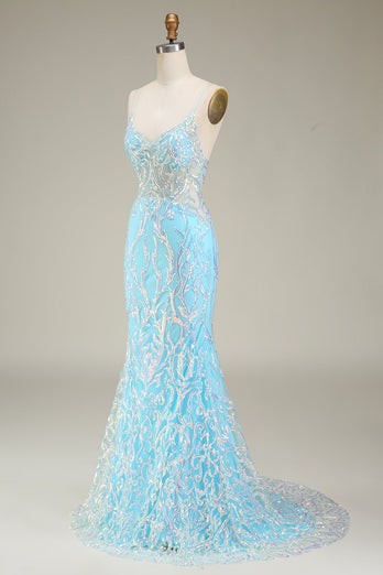 Blå Spaghetti stropper Sparkly Mermaid Prom Dress