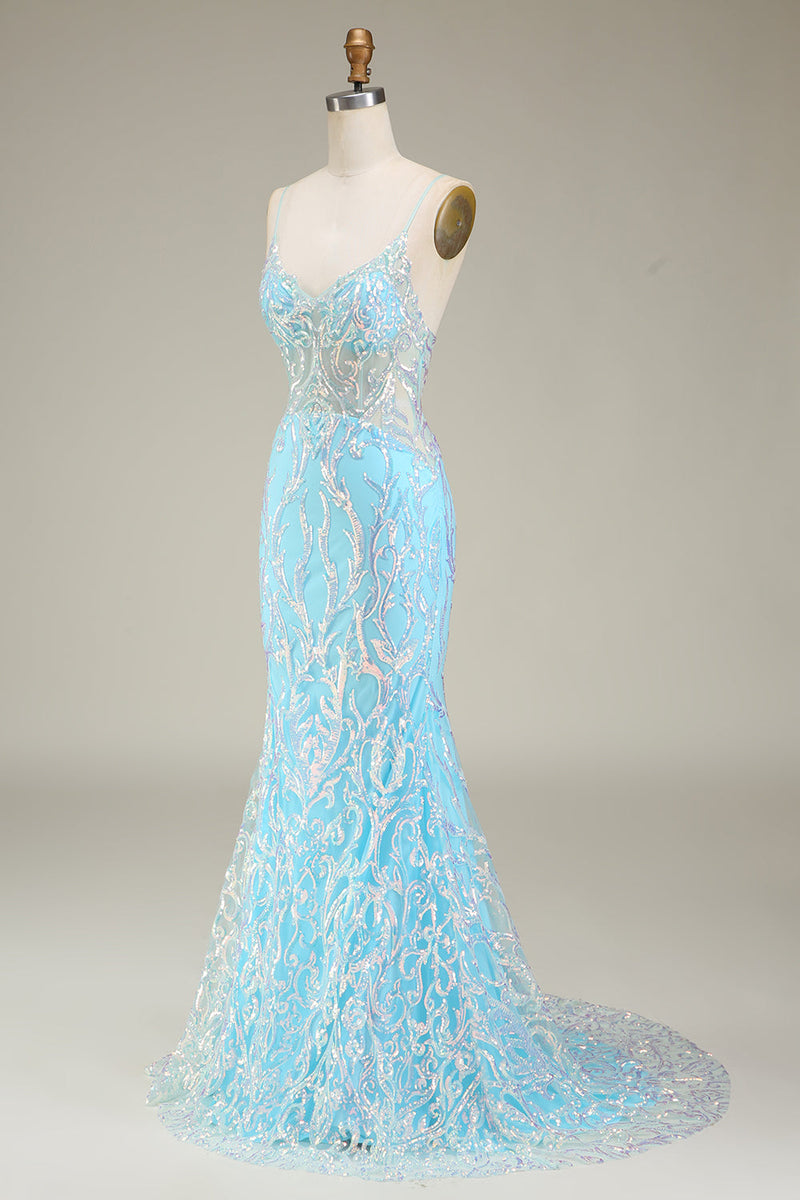 Load image into Gallery viewer, Blå Spaghetti stropper Sparkly Mermaid Prom Dress