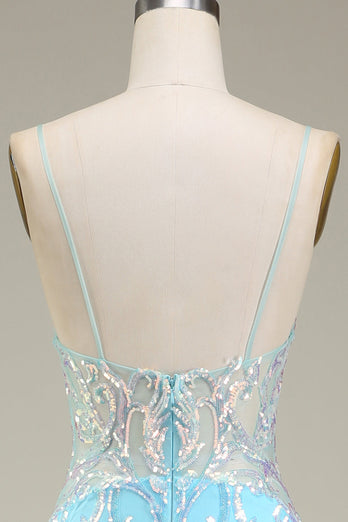 Blå Spaghetti stropper Sparkly Mermaid Prom Dress