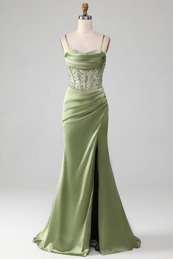 Sage Green Sweetheart Neck Spaghetti stropper Satin plissert havfrue korsett Prom kjole